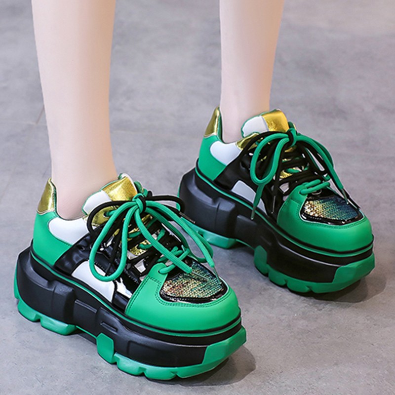 Lucifer Green Sequin Chunky Sneakers Shoes Woman 2022 Spring Mixed Color Platform Shoes For Women Lace Up Thick Sole Sneakers