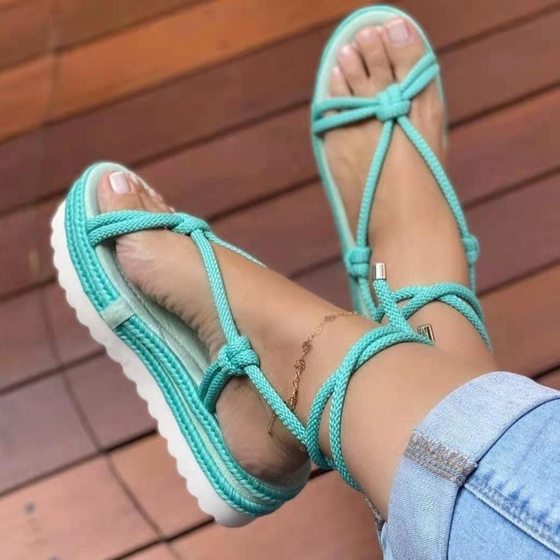 Summer new women's sandals thick-soled sponge cake hemp rope woven sandals ladies large size round toe female beach sandals