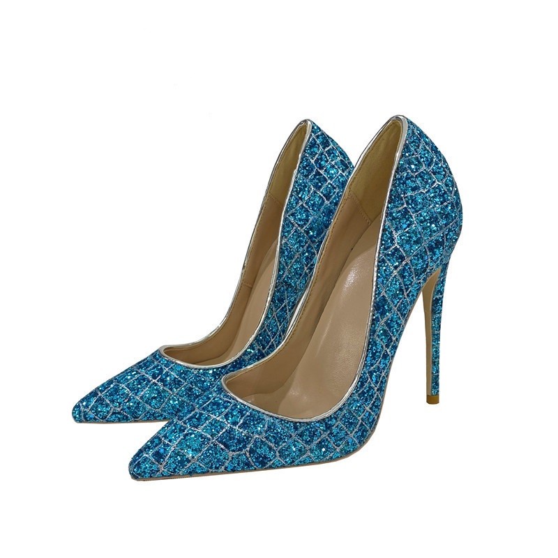 Spring new blue sequins pointed toe stiletto high heels work shoes party dress all-match large size fashion women's shoes