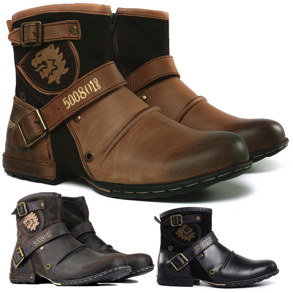 2022 new round head retro metal buckle side zipper men boots martin boots men large size 48