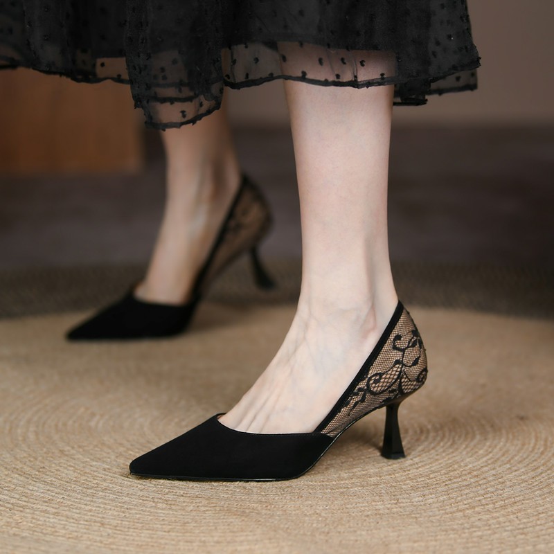 Pointed toe stiletto high heels women 2022 summer new lace stitching fashion single shoes French retro shallow women's shoes