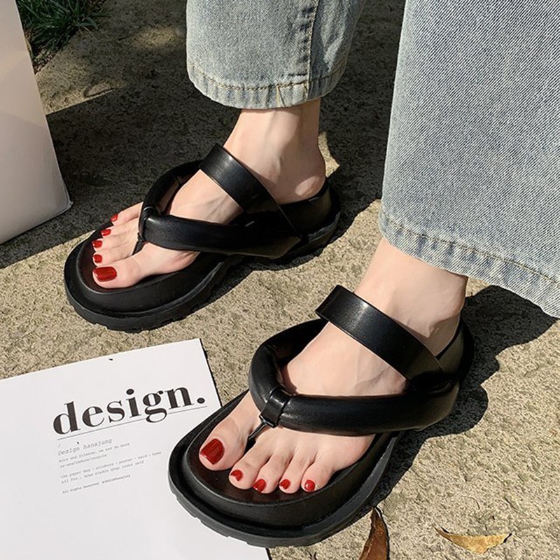 Rimocy Women's Platform Chunky Flip Flops Thick Quilt Summer 2022 PU Leather Flip Flops Woman Clip Toe Mid Heel Sandals Slides