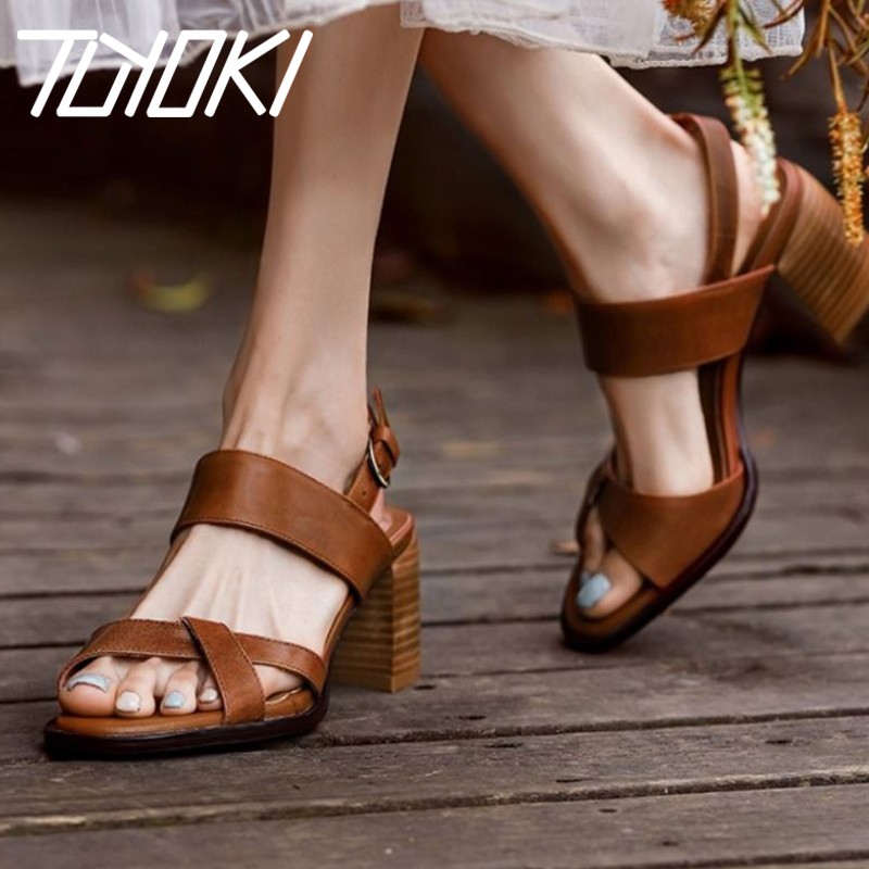 Tuyoki Women Sandals Real Leather Fashion High Heels Summer Shoes for Woman Casual Daily Office Lady Shoes Size 34-40