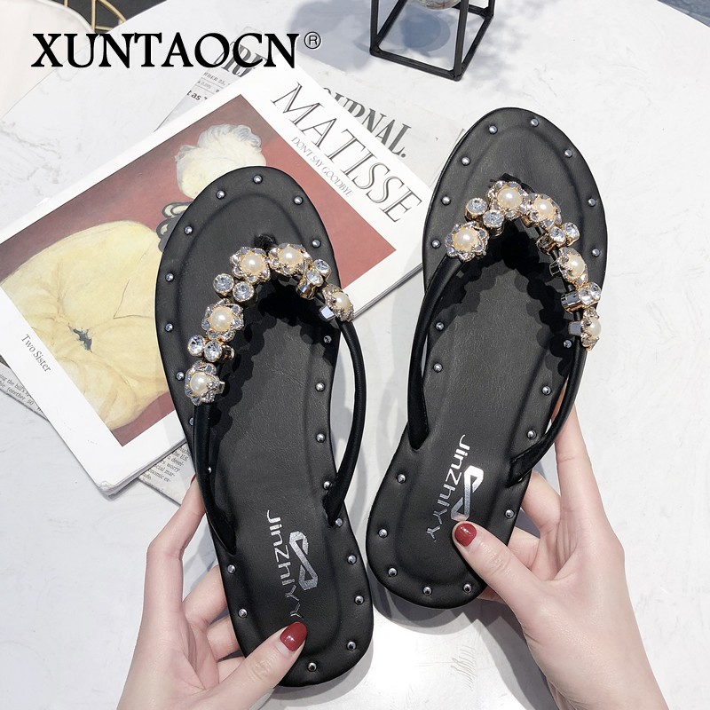 Flat Shoes Female Womens Slippers Outdoor Pantofle Low Rubber Flip Flops Slides 2022 Hawaiian Beach Glitter Fabric Crystal PU