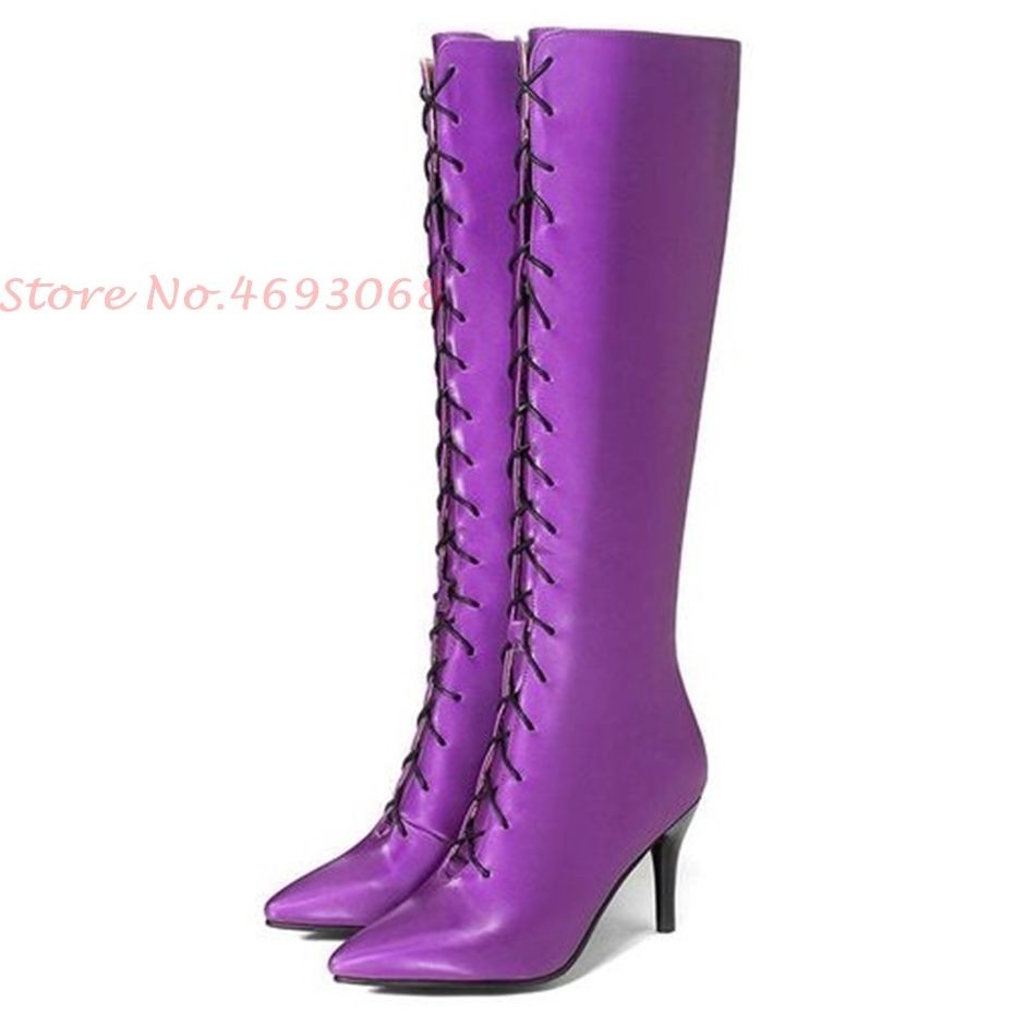 Purple Pointy Heels Knee High Boots Women Med Heels Spring Plus Size Satin Long Lace-up Boots Sexy Thin Heel Cross-tied 2022 Boots