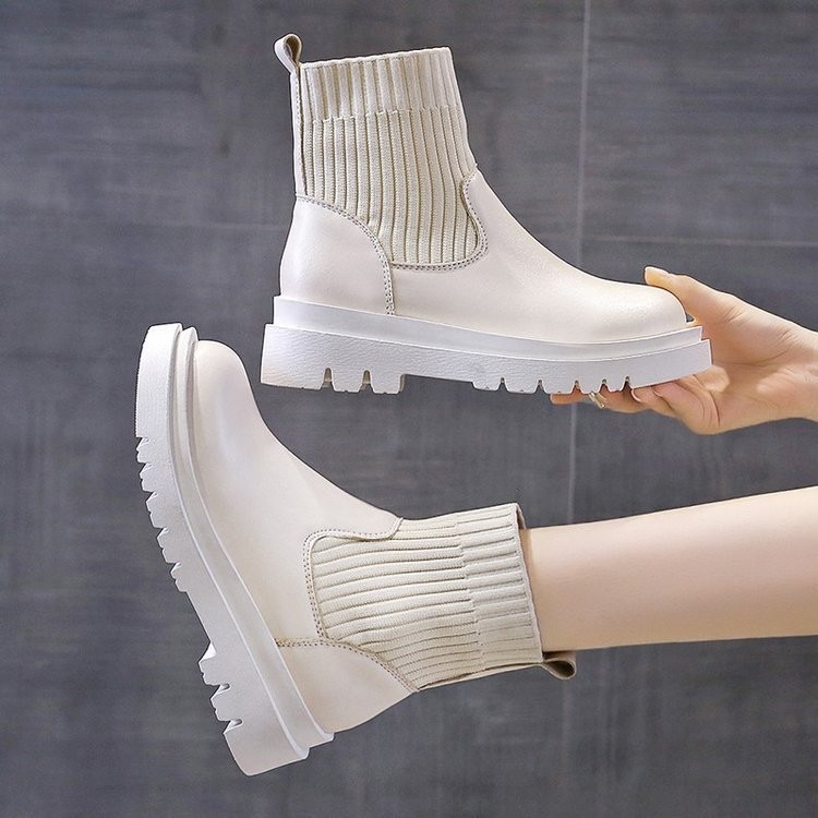 Knitted Leather Thigh High Boots Women Mid Tube Socks Boots 2021 New Autumn Women Fashion Martin Boots