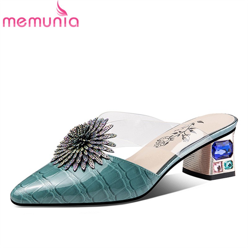 MEMUNIA 2022 New Arrival Genuine Leather Sandals Woman Pointed Toe Solid Med Heels Shoes Fashion Summer Ladies Shoes