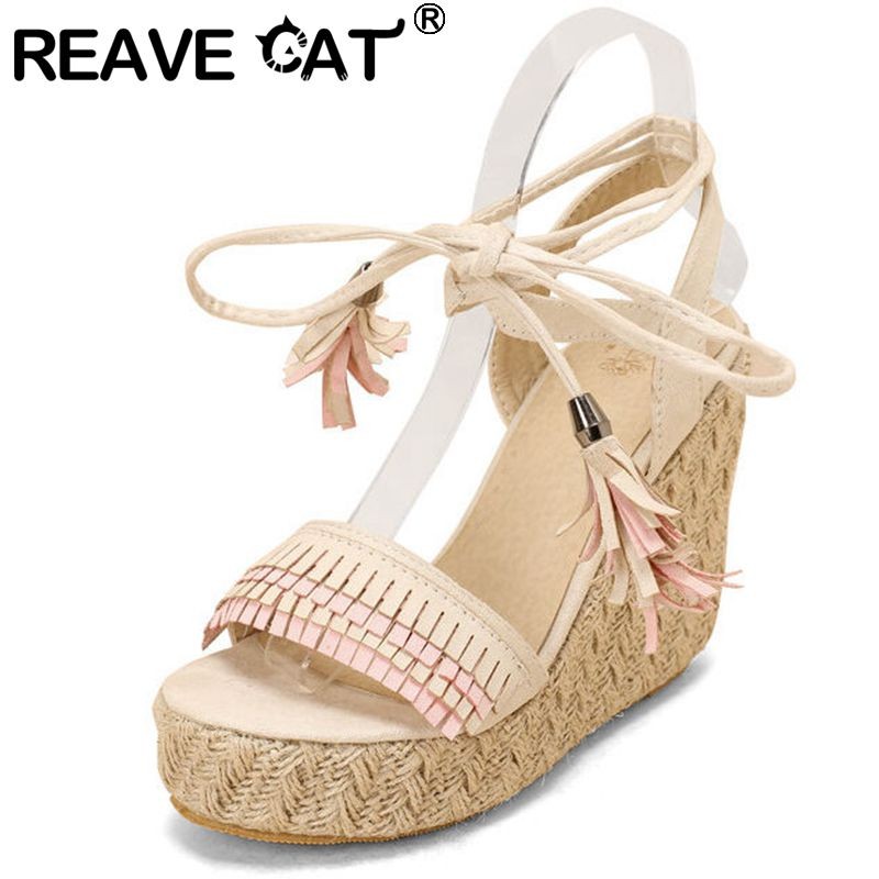 REAVE CAT 2022 Women Sandals Esparddrill Peep Toe Tassel Wedges Ankle Strap Lace-up Plus Size 30-48 Mix Color Black Beige S3617