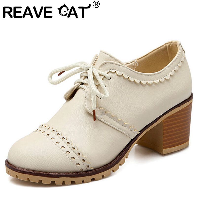 REAVE CAT Women Pumps Brogue Oxfords Round Toe Block Heels Lace-up Retro Big Size 34-43 Solid White Black Spring Casual S3620