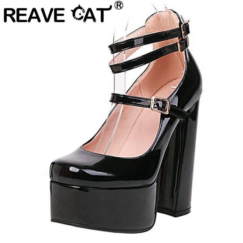 REAVE CAT Women Pumps Square Toe High Block Heels Buckle Straps Punk Plateform Big Size 35-41 Solid Red Black Sexy Spring S3626