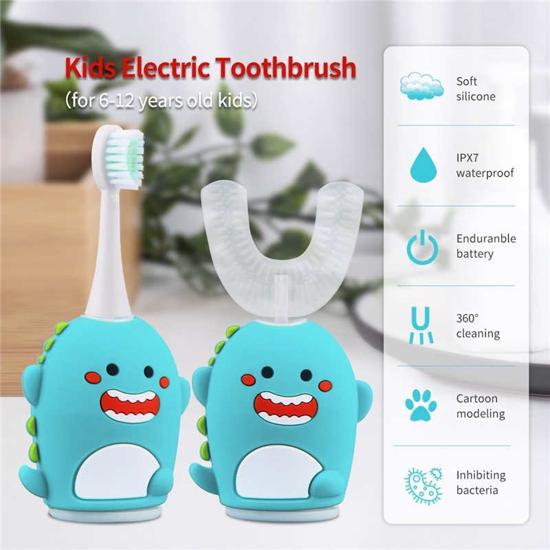 CkeyiN 2 in 1 Sonic Vibration U Shape Kids Electric Toothbrush 5 Adjustable Modes Cartoon Teeth Whitening Cleaning Brush