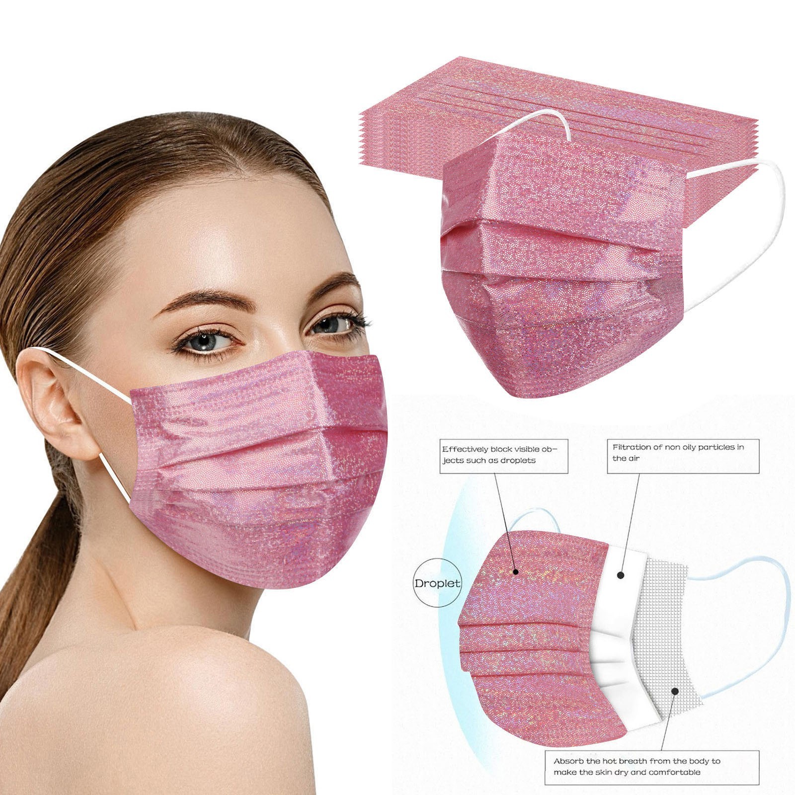 3 Layers Fashion Bronzing Pink Disposable Face Mask Reflective Non-woven Fabric Mascarillas Desechables Protective Mouth Masks