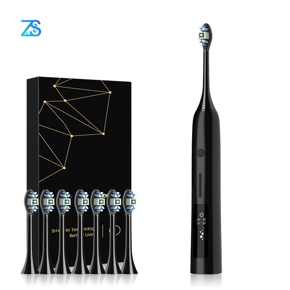 [ZS] Program Timer OLED Screen Waterproof Sonic Electric Toothbrush Clean Set with 7 Washable Brushes Teeth Whitening for Adults