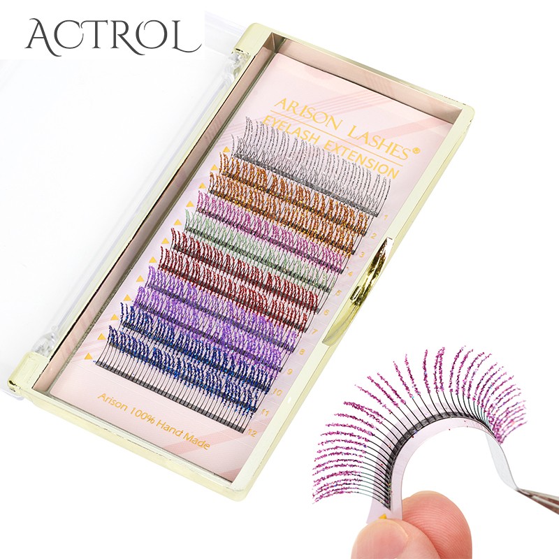 12 Strips Mix Colors Fashion Glitter Eyelash Extensions C Curl 0.15mm Shiny Colorful False Eyelash Individual Lashes For Makeup