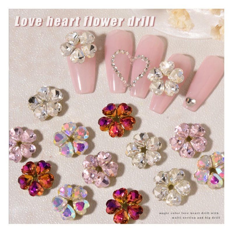 10pcs/lot 3D Nail Art Love Hearts Flowers Shapes AB Side Rhinestones Nail Tips Decorations