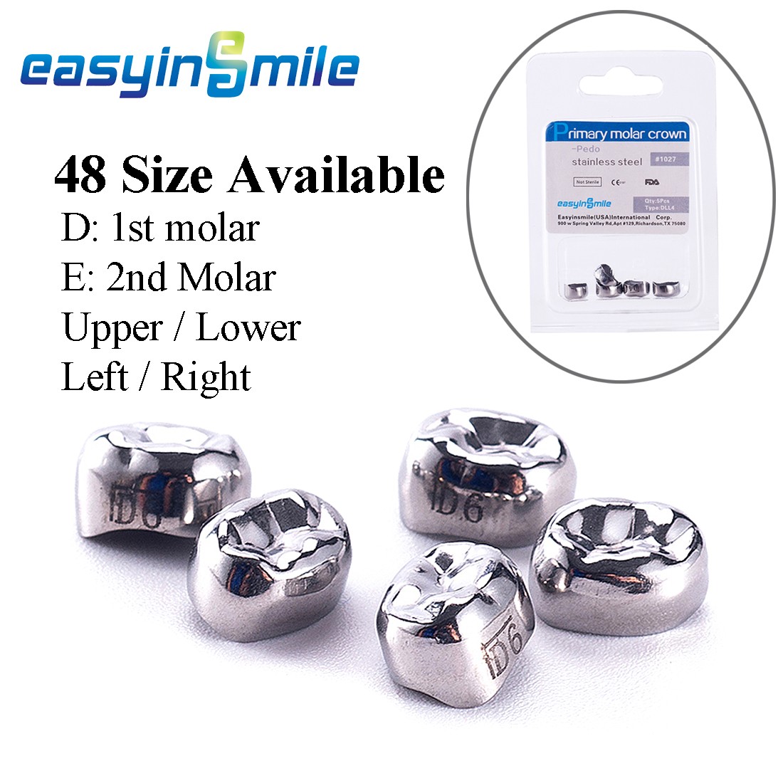 5pcs EASYINSMILE Dental Crown Kids Primary Molar Refill Stainless Steel for Upper/Lower Left/Right 1st/2nd MolarTeeth