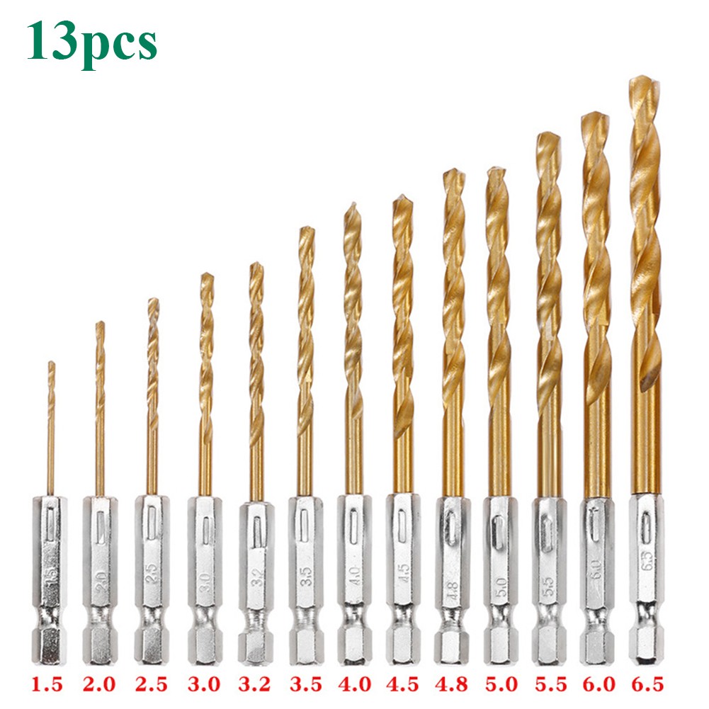 13pcs HSS High Speed ​​Steel Titanium Coated Drill Bit Set 1/4 Hex Shank 1.5mm-6.5mm Hexagonal Handle Twist Drill