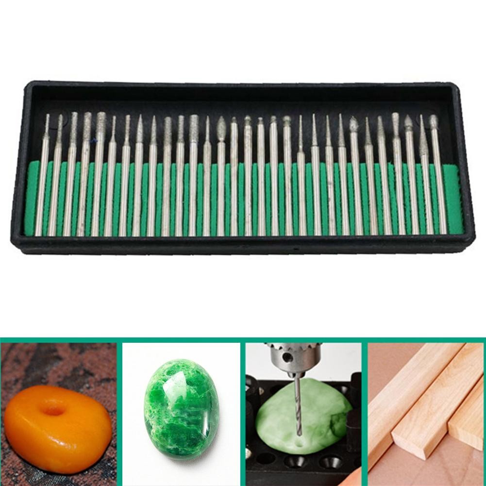 30pcs Shank Diamond Grinding Burr Needle Point Engraving Carving Polishing Glass Jade Stone Drill Bit Set Rotary Tool