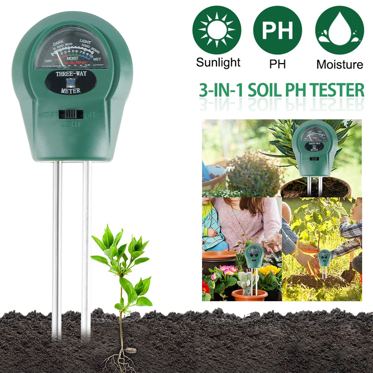 3 in 1 Soil Tester Precision Soil Moisture Meter Sensor Digital Moisture pH Test Light Plant Care Gardening Tool