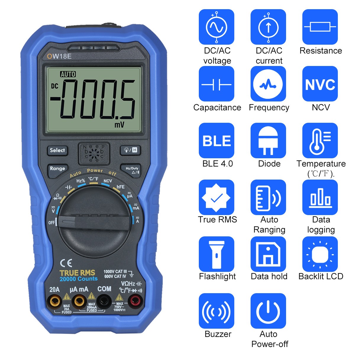 OWON OW18E 4 1/2 أرقام الذكية BLE4.0 صحيح RMS الرقمية عالية الدقة LCD المتر مع اتصال لاسلكي البيانات سجل السيارات النطاق