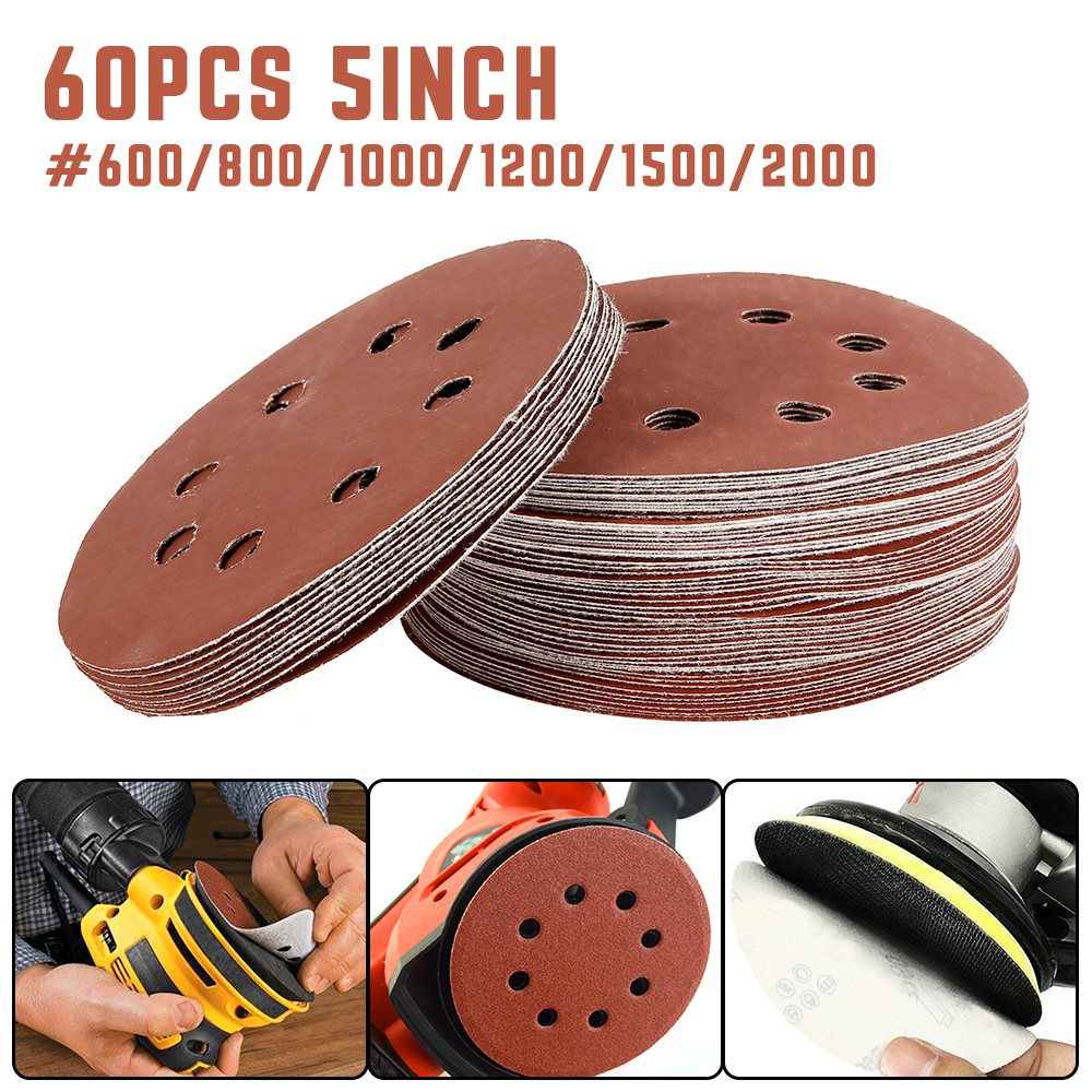 Round Sanding Discs Set, 5", 60 Pieces, 8 Holes, Sandpaper, Hook Ring, Sandpaper