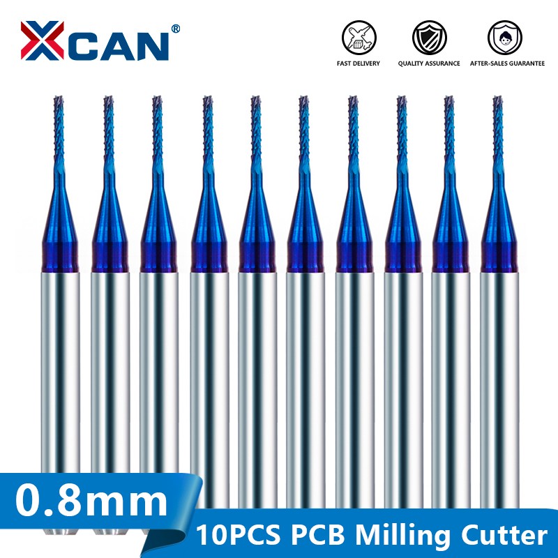 XCAN Corn Milling Machine Cutter 10pcs 0.5/0.8/1.0mm Blue Coated Carbide PCB Router Bits for Wood/Metal Milling Engraving End Mill