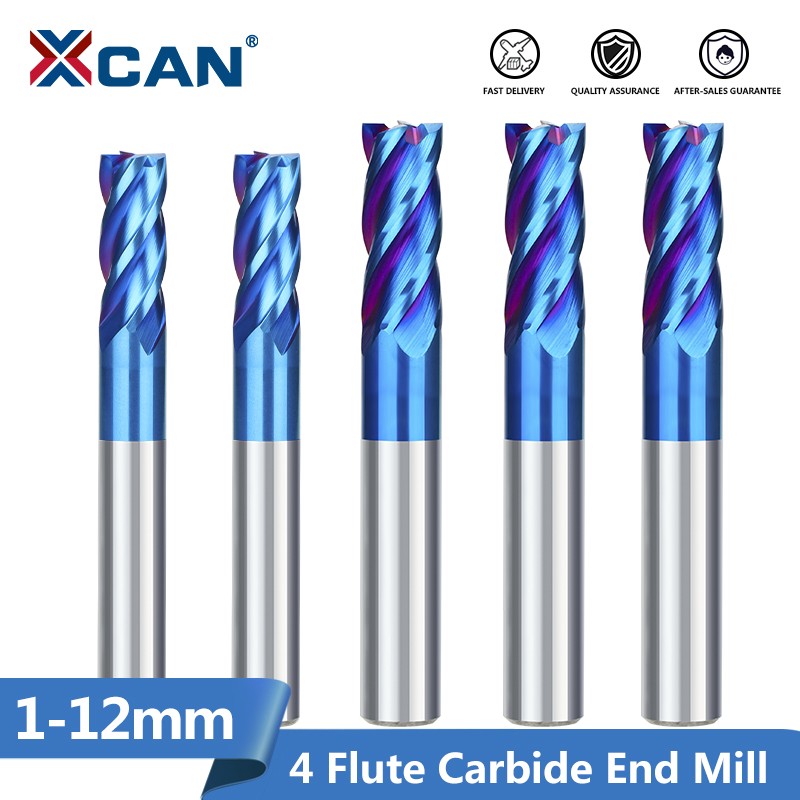 XCAN Carbide End Mill 4 Flutes HRC65 Spiral Milling Cutter Nano Blue Coated Wave CNC Machine Bit 1-16mm Metal Milling Tool