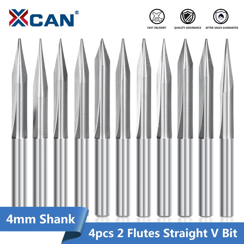 XCAN End Mill 4pcs 4mm Shank 2 Flutes Straight Volt Bit 15 20 25 30 Degreas Carbide Milling CNC Wood Cutter Tool Engraving Bits