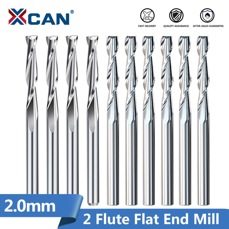 XCAN 10pcs Diameter 2.0mm 2 Flute Flat End Mill 3.175mm Shank Spiral Router Bit CNC Micro End Mills Carbide Milling Cutter