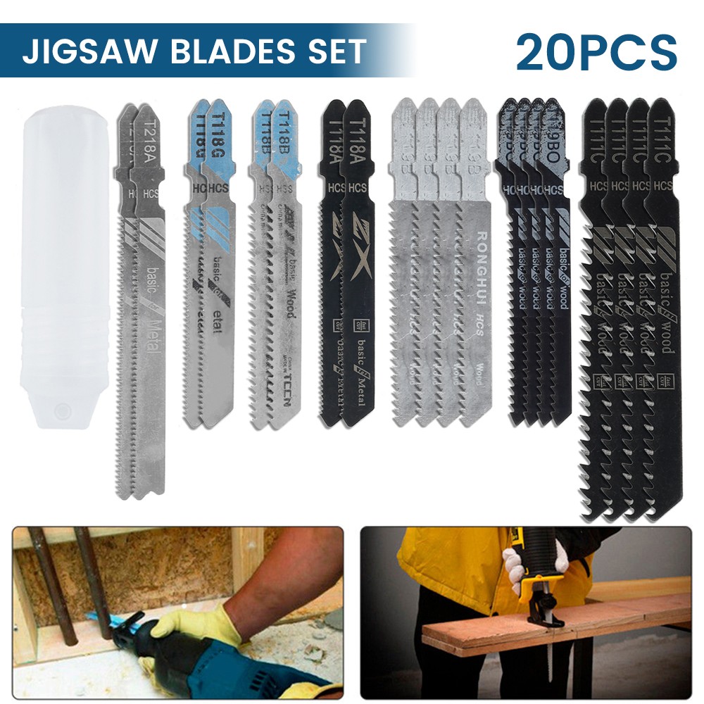 20pcs Professional Jigsaw Blades Set T-Shaft HCS Assorted Jig Saw Blades for Metal Wood Plastic Cutting Including Plastic Box