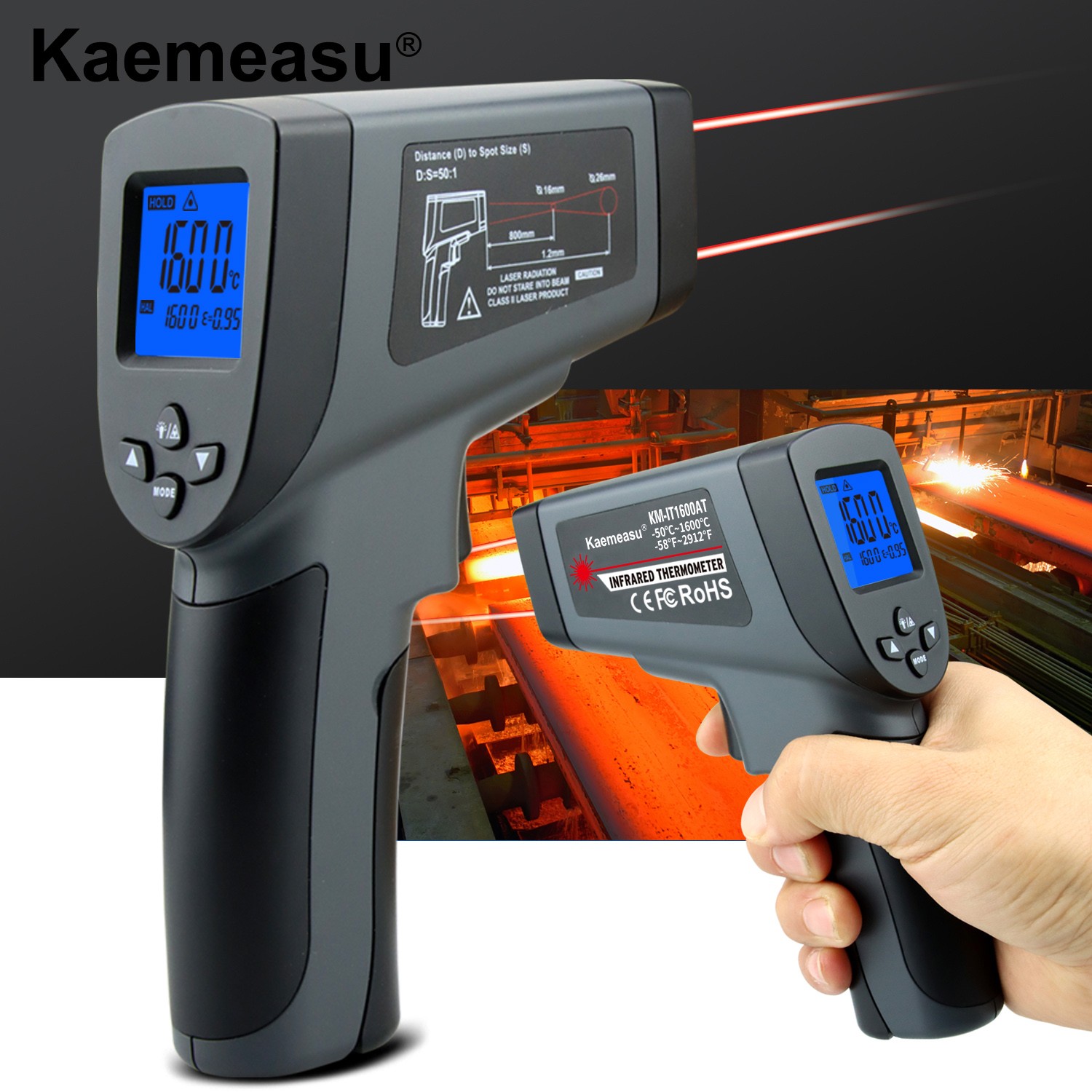 Kaemeasu Infrared Thermometer Professional 50:1 Dual Laser Multifunctional Industry Digital High Temperature Measuring Gun