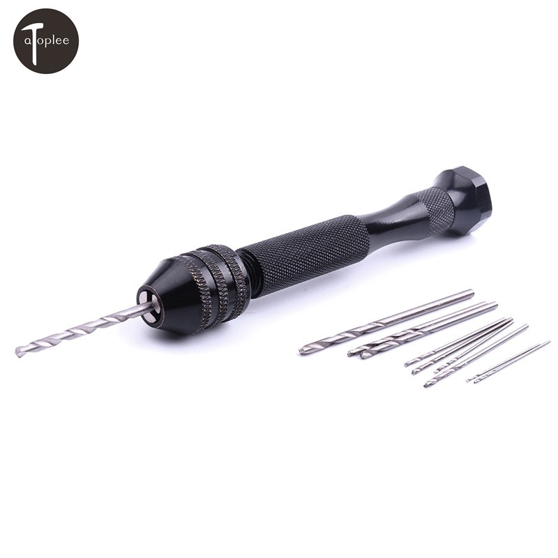 1pc Black Handle Drill Bit with 10pcs Twist Drill Bits Aluminum Alloy Carving Tools Hand Woodworking Watch Repair Tool