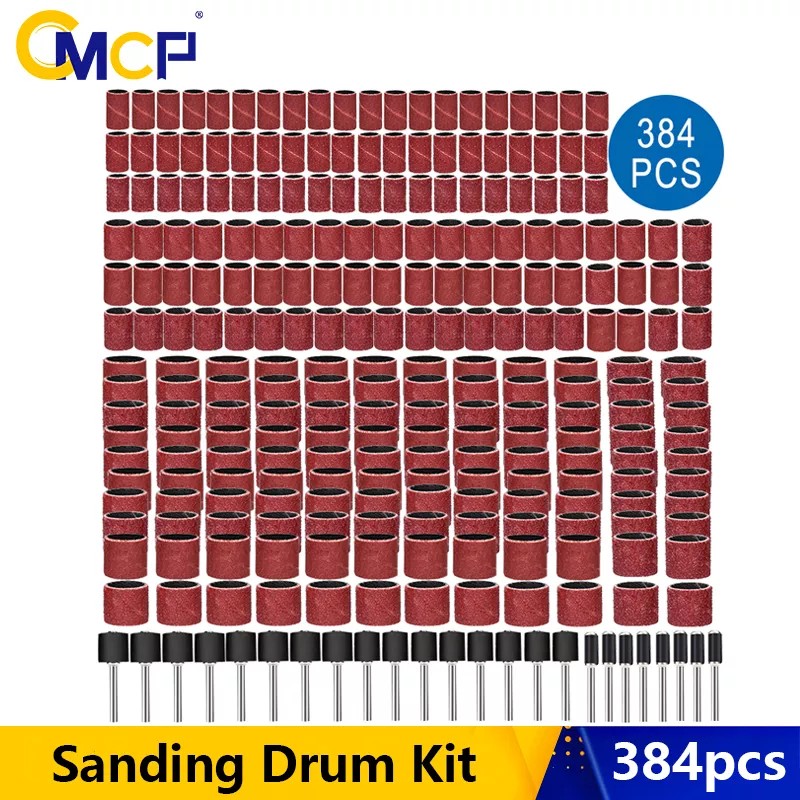 CMCP 384pcs Sanding Bands Kit Grit 80 120 240 320 400 600 Sandpaper with 1/4 1/2 Sanding Drum for Dremel Rotary Polishing Tool