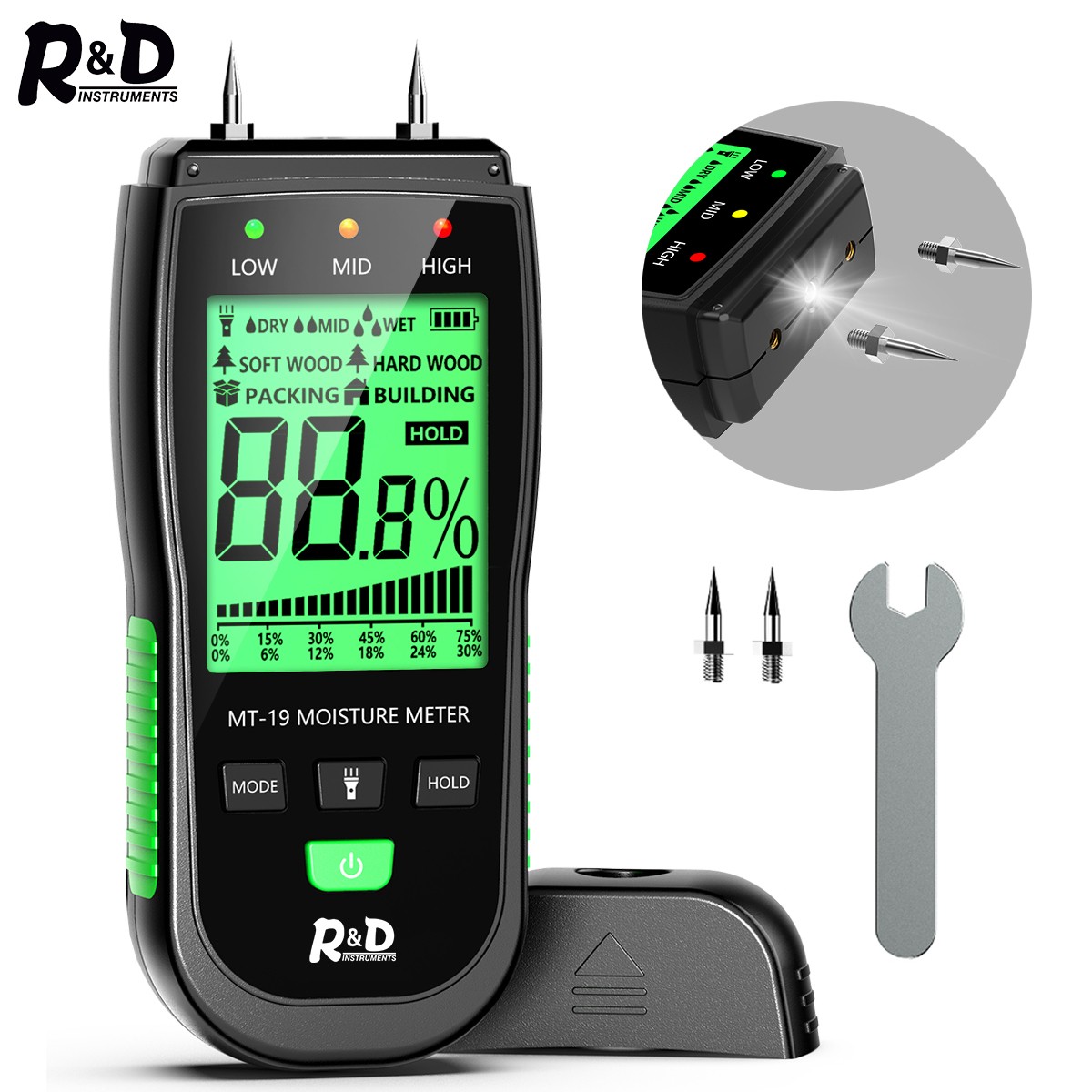 R&D MT-19 Wood Moisture Meter Digital Hygrometer Meter Wall Moisture Timber Damp Detector Building Moisture Tester Cartoon