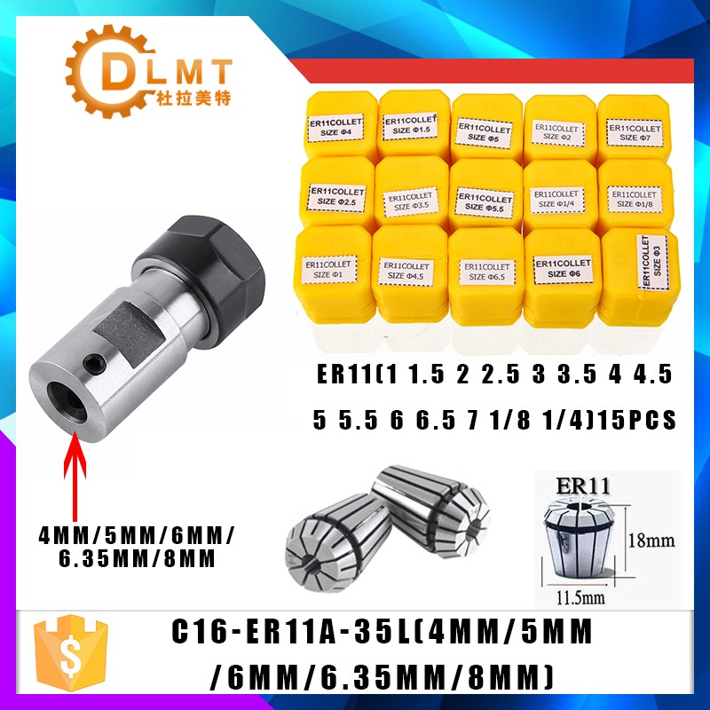 15pcs High Carbon Steel ER11 Spring Collet 1-7mm With ER11A Extension Rod Motor Shaft HolderInner 4mm 5mm 6mm 6.35mm 8mm