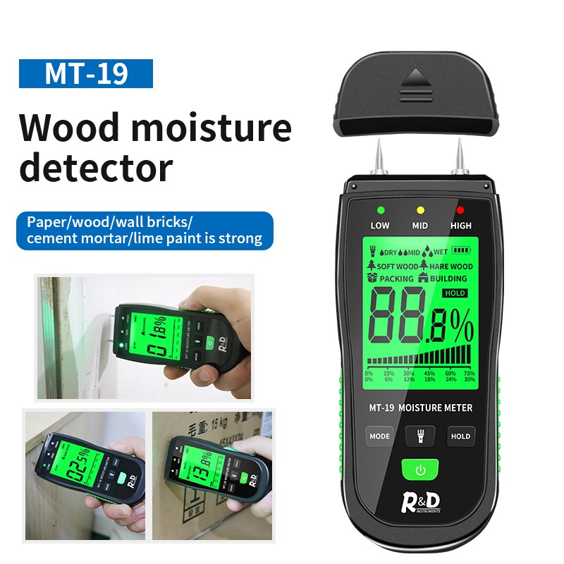 R&D Wood Moisture Meter MT-19 Digital Hygrometer Humidity Detector With Probe Replacement HD Screen Timber Wall Cartoon Tester