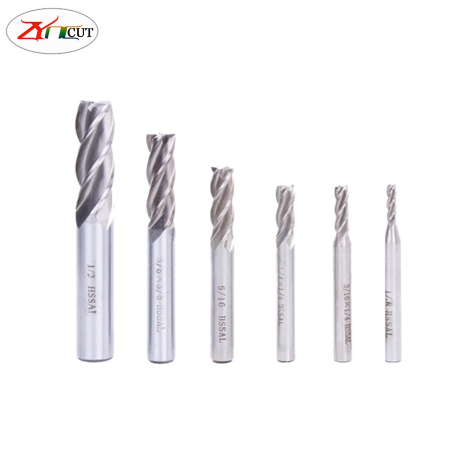 6pcs/set 1/16 3/32 1/8 5/32 3/16 1/4 inch High Speed ​​Steel 4 Flute English End Mill Cutter HSS Straight Shank Milling Cutter