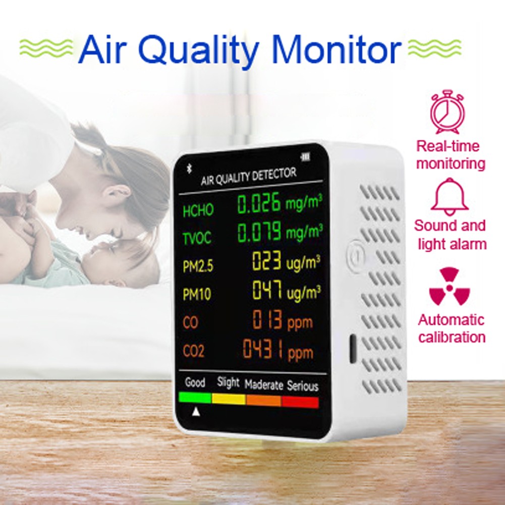 6 in 1 PM2.5 PM10 HCHO TVOC CO CO2 Air Quality Detector CO CO2 Formaldehyde Monitor Home Office Hotel Desktop Air Water Quality Tester