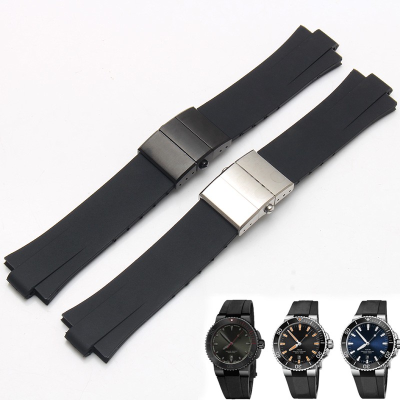 Silicone rubber watch strap, convex front 24 x 11, for ORIS AQUIS, diving watch, water resistant, folding buckle