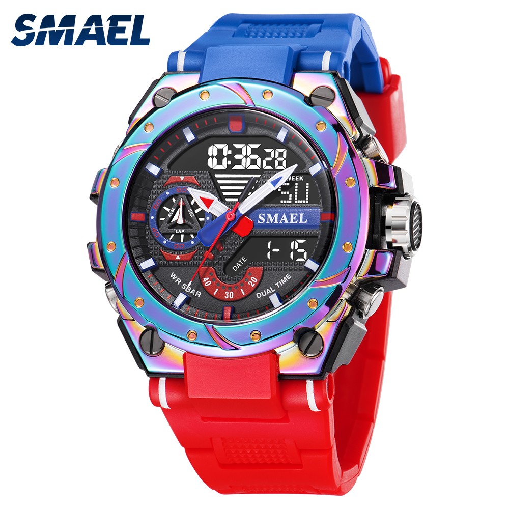 Quartz Watch Men Wristwatches SMAEL Watchfull Red Band 50M Water Resistant Analog Alarm Watch Digitals 8060 Sports Watches