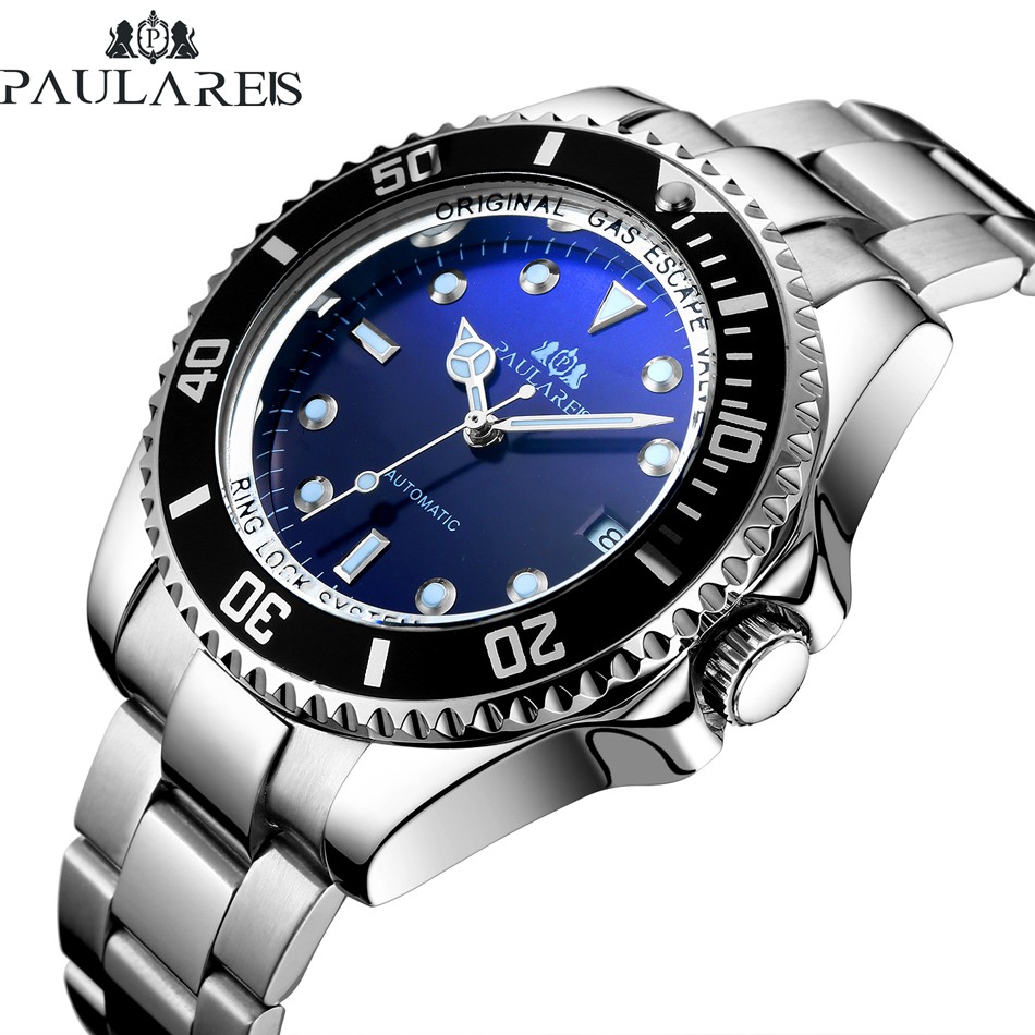 Men's automatic self-wind mechanical stainless steel strap gold silver gradient black blue dial date business watch