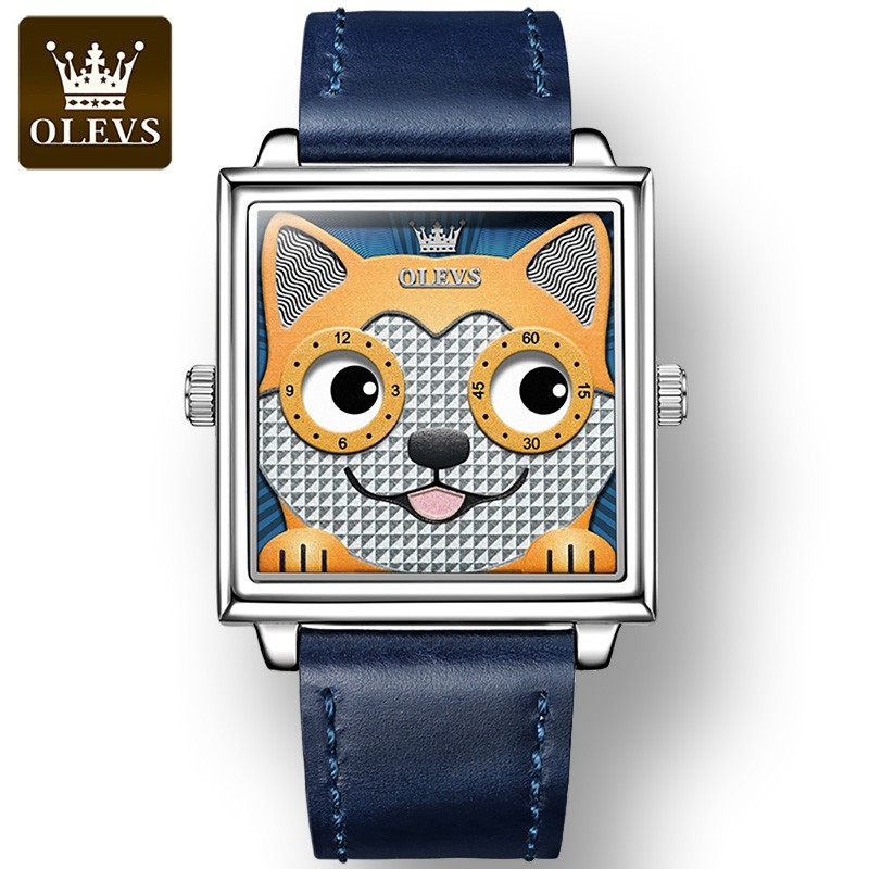 OLEVS Square Trendy Corium Strap Women Wristwatches Quartz Fashion Waterproof Watches for Women Cartoon Dog Watch