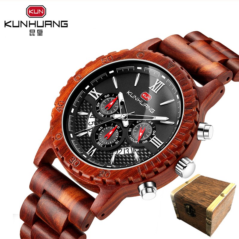 Fashion Watches Mens Top Brand Luxury Wrist Watch Quartz Watch Wooden Watch Men Red Sandalwood Chronograph Relogio Masculino