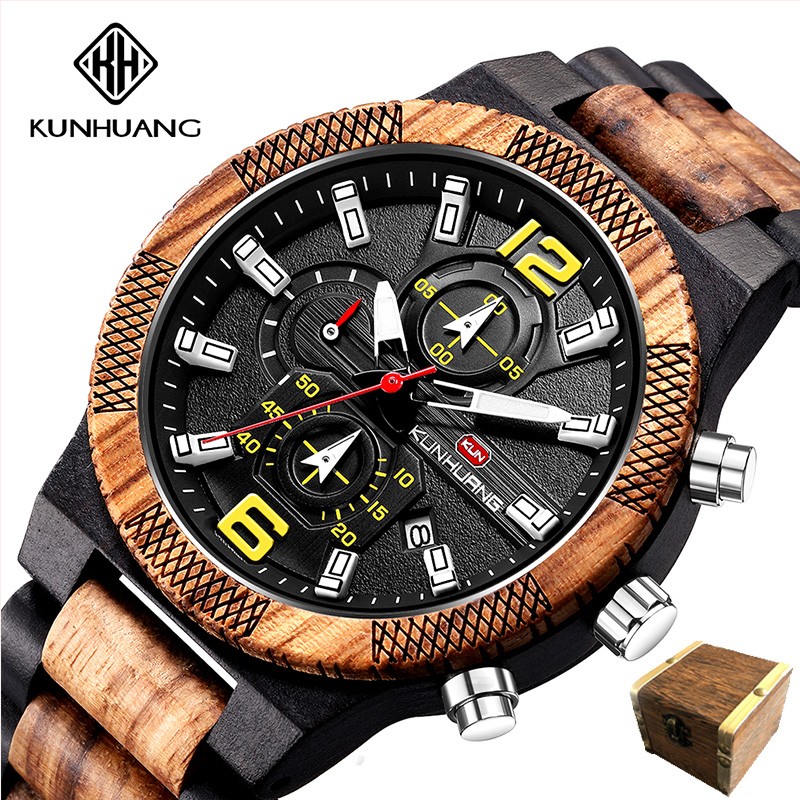 Kunhuang Business Men's Watch Wooden Stopwatch Date Display Chronograph Quartz Wrist Watches relogio masculino