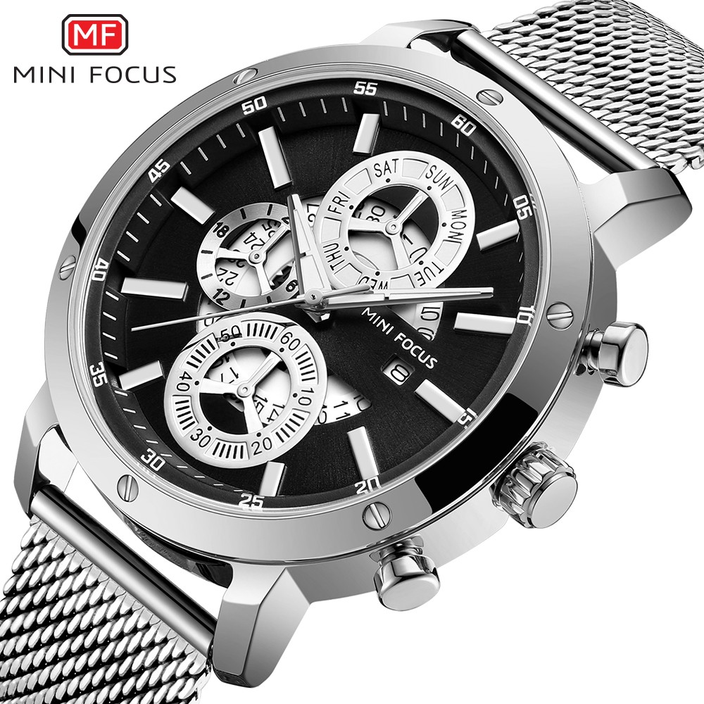 MINIFOCUS Fashion Men Sports Watches Top Sliver Deluxe Quartz Watches Men Mesh Strap Ultra-thin Waterproof Wristwatch Chronograph