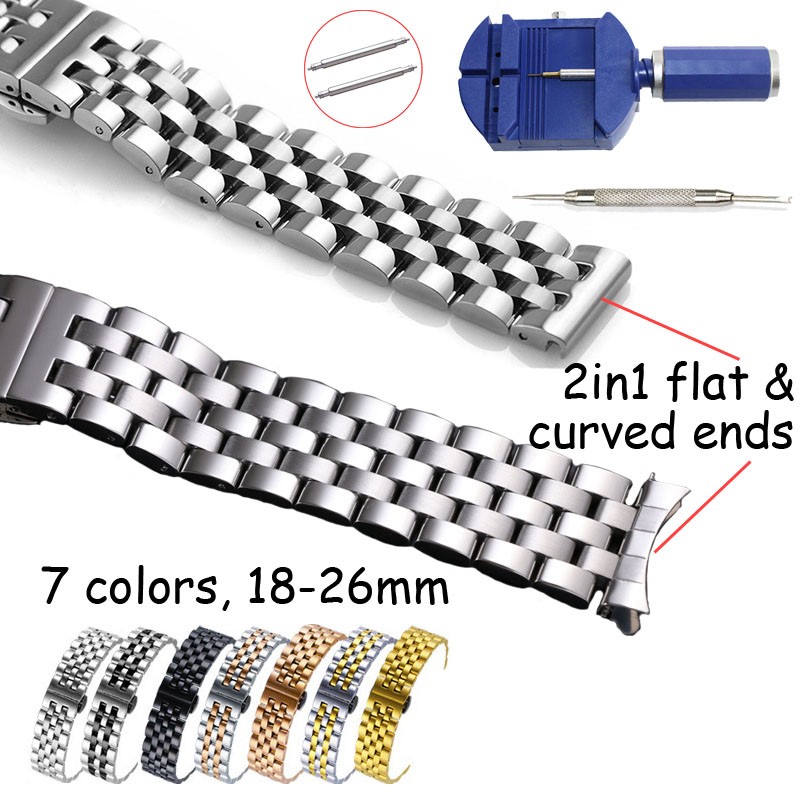 18 19 20 21 22mm 24 26mm Watch Band Flat Curved End Stainless Steel Watchband Butterfly Buckle Replacement Watch Strap Bracelet