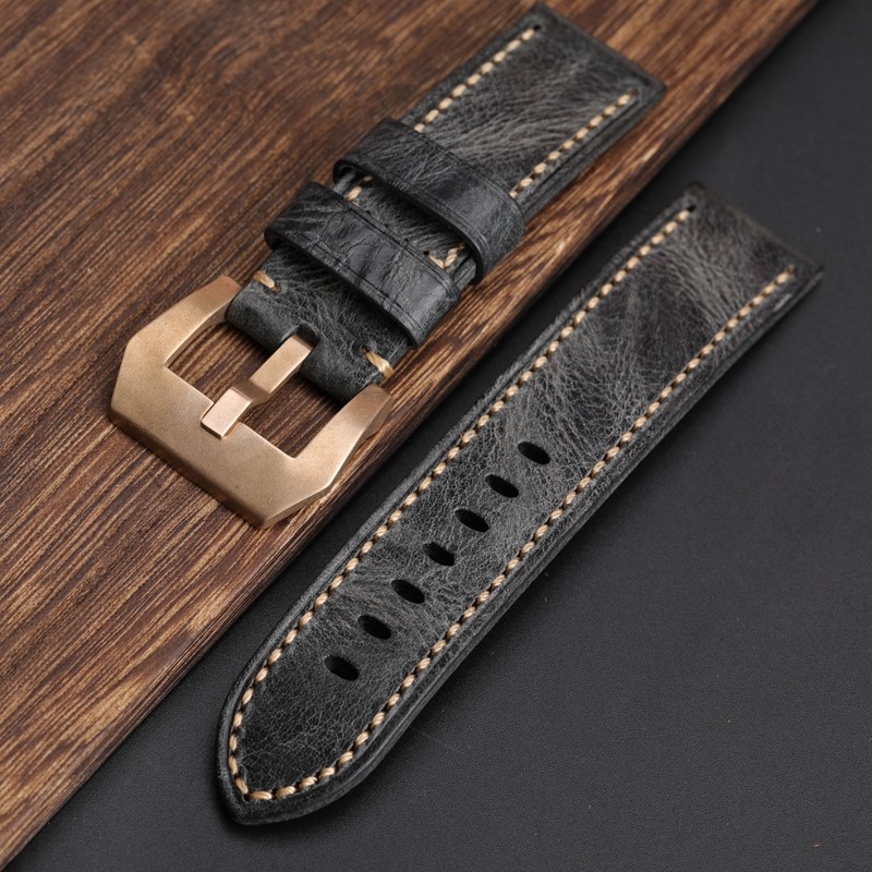 Hand Folded Smoky Gray Leather Watchband Compatible with BAM Bronze Watch Strap 20 22 24 26mm Soft Vintage Bracelet