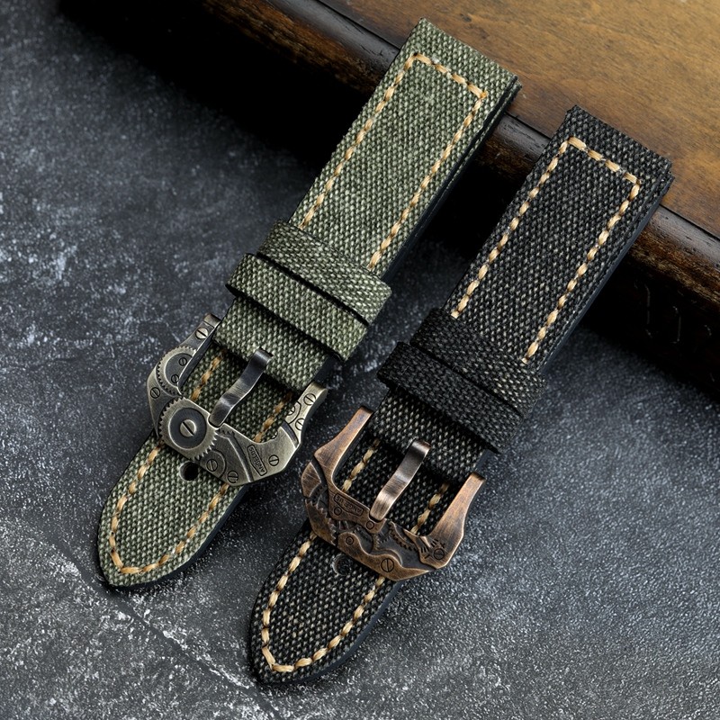 Handmade Canvas + Leather Watchband 20 22 24 26mm Compatible Bronze Strap Personalized Bronze Buckle