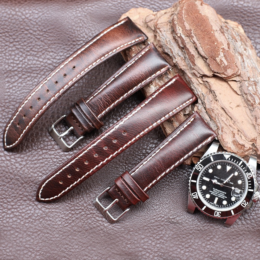 Retro Cowhide Watch Strap 20mm 22mm Red Brown Dark Coffee Half Arc Deformed Oil Wax Genuine Leather Strap Watchband Replacement Strap