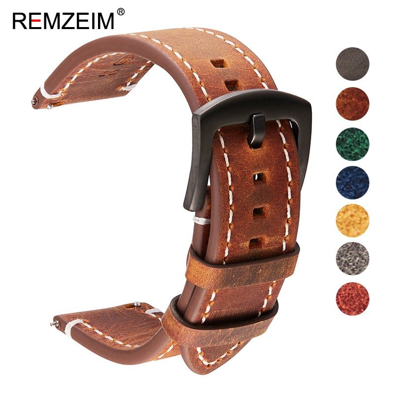 Remz Plaid - Genuine Leather Watch Band for Men and Women, Black, Blue, Gray, Brown, Cowhide, 18mm, 20mm, 22mm, 24mm